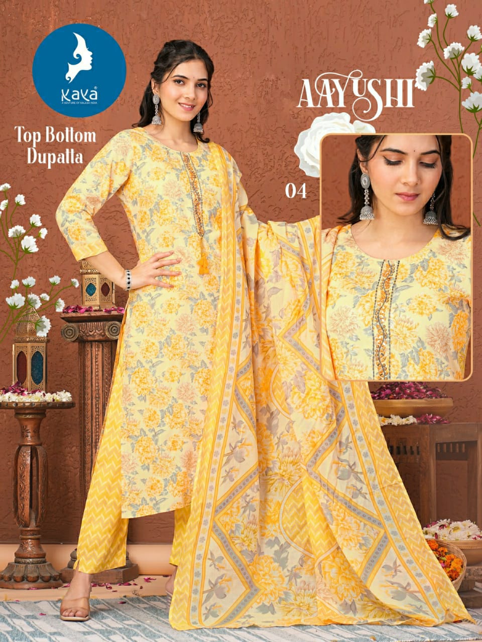 Aayushi By Kaya Rayon Foil Printed Kurti With Bottom Dupatta Wholesale Clothing Suppliers In India
